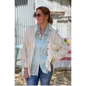 Pol Size S Boho Oversized distressed shirt with Knit Sleeves. Lakelynn Top
